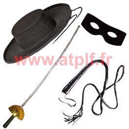 Set de Justicier,Zorro,Vengeur masqué (Chapeau+loup+fouet+fleuret) (4 pièces)
