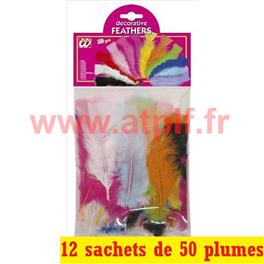 LOT A PRIX PRO: 12 sachets de 50 Plumes multicolore 10cms