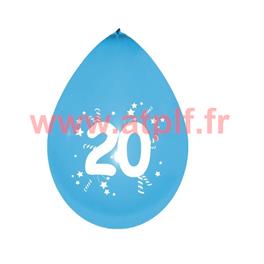 Sachet de 10 Ballons Jubilé "20"  25cms couleur assorties