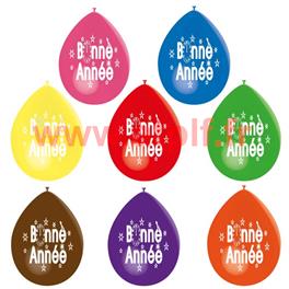 Ballons Bonne année coloris panachés (sachet de 10 ballons serigraphie 1 face)